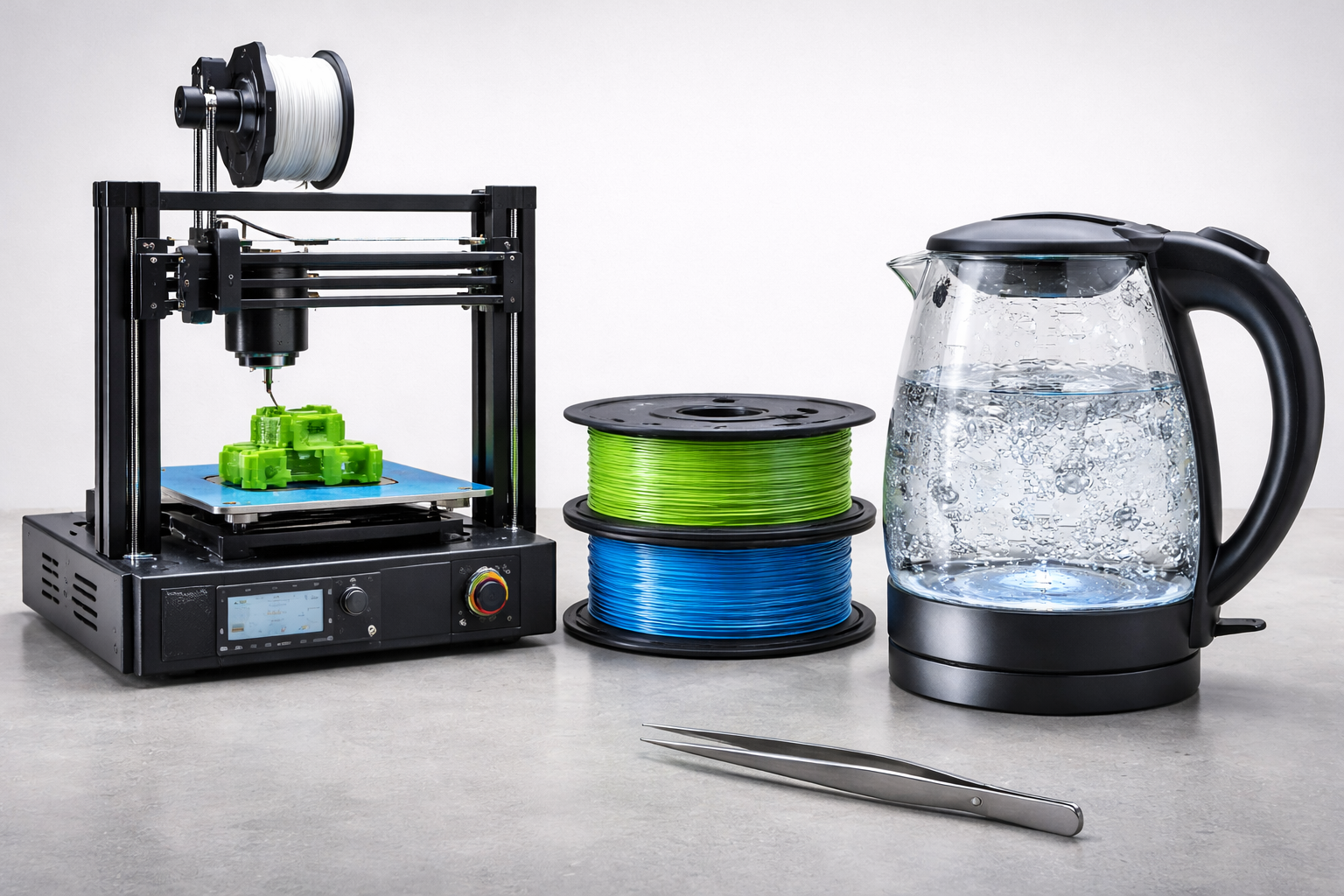 3D-printer, filament, elkedel og pincet til armbåndsprojektet